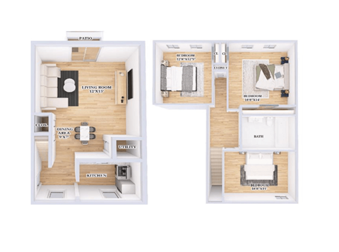 two floor plans of a house with a wood floor